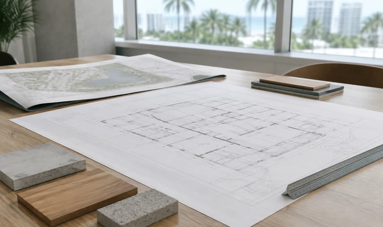 AI-generated editorial concept of architectural plans and material samples
