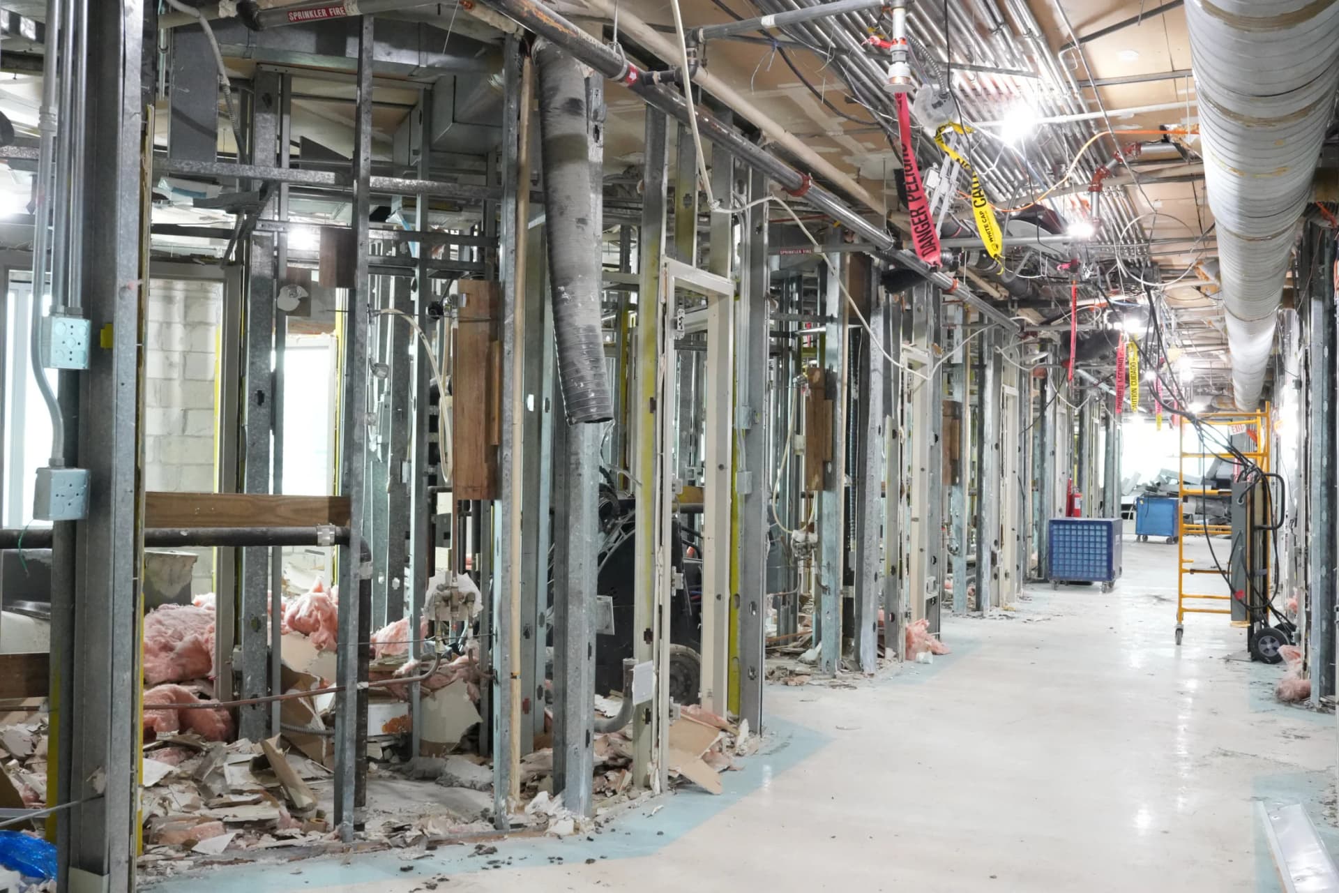 Exposed interior framing, piping and ductwork at the UHealth Tower penthouse